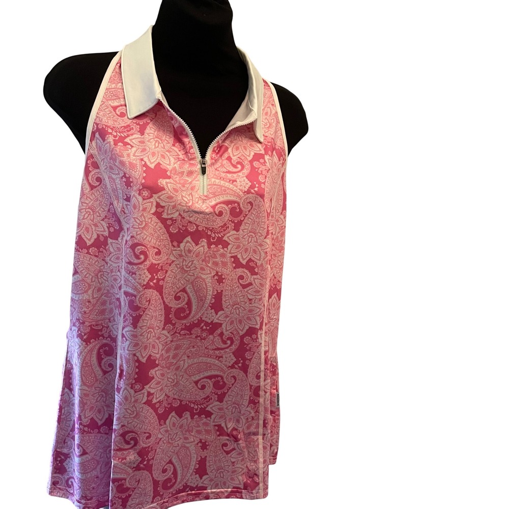 Soneven Womens Golf Polo Tank‎ Top Pink Paisley Quarter Zip Racerback XL NWT